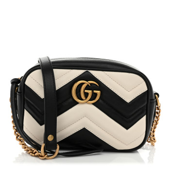 GUCCI Calfskin Matelasse Mini GG Marmont Chain Shoulder Bag Black White
