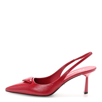 PRADA Vernice Saffiano Triangle Logo Pointed Toe 75mm Slingback Pumps 37 Cherry Red