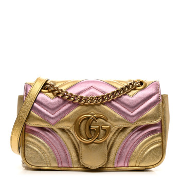 GUCCI Metallic Calfskin Matelasse Mini GG Marmont Shoulder Bag Gold Pink
