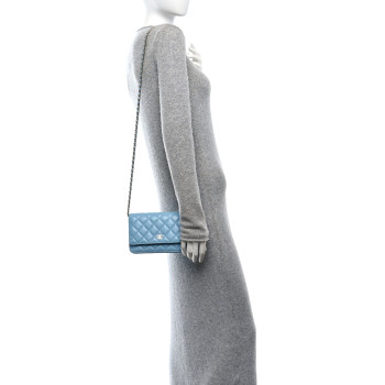 CHANEL Caviar Quilted Wallet on Chain WOC Light Blue