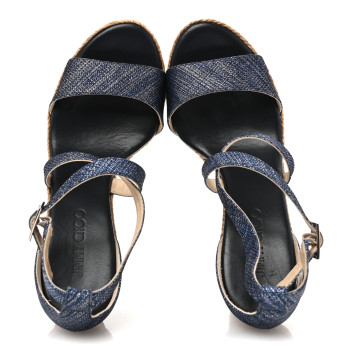 JIMMY CHOO Metallic Denim Cork Portia 120 Wedge Sandals 40 Navy