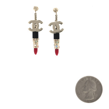 CHANEL Crystal Enamel CC Lipstick Drop Earrings Red Black Gold
