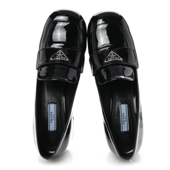 PRADA Vernice Metal Triangle Logo 45mm Loafer Pumps 38 Black