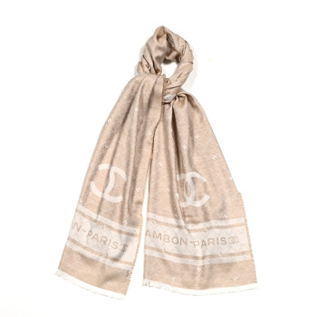 CHANEL Cotton Cashmere Silk 31 Rue Cambon CC Logo Stole Beige