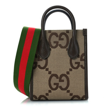 GUCCI Monogram Jumbo GG Textured Dollar Calfskin Web Mini Vertical Tote Camel Ebony New Acero