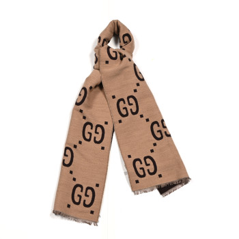 GUCCI Wool Silk Monogram Jumbo GG Freedom Scarf Dark Brown Beige