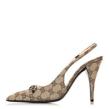 GUCCI Monogram Horsebit Slingback Pumps 39.5 Beige Ebony Cocoa