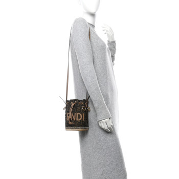 FENDI Fabric Jacquard Vitello Grace Raffia FF 1974 Logo Mini Mon Tresor Bucket Bag Tobacco Moro Sand