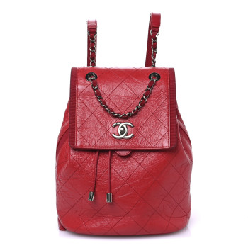 CHANEL Crumpled Grained Calfskin Quilted Backpack Red