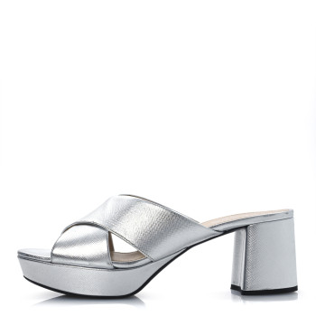 PRADA Metallic Saffiano Crisscross Platform Sandals 41 Silver