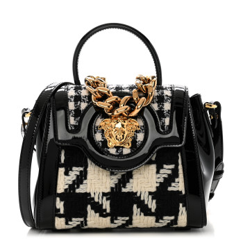 VERSACE Patent Calfskin Tweed Houndstooth Medusa Small Top Handle Handbag Black White