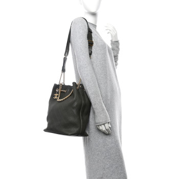 CHANEL Calfskin Quilted Small On My Shoulder Drawstring Bag Dark Green