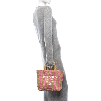 PRADA Yarn Raffia Effect Crochet Striped Small Logo Tote Naturale Petalo