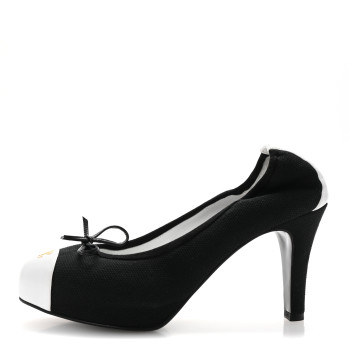 CHANEL Canvas Calfskin Cap Toe Bow CC Pumps 40 Black White