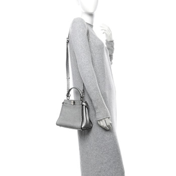FENDI Cuoio Romano Lux Selleria Mini Peekaboo Iconic Satchel Argento