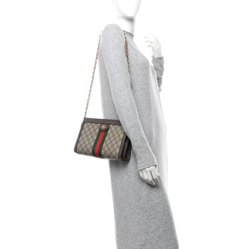 GUCCI GG Supreme Monogram Web Small Ophidia Chain Shoulder Bag Brown