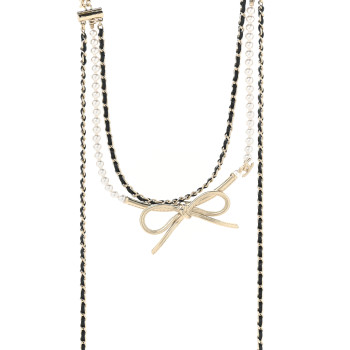 CHANEL Calfskin Pearl Metal CC Bow Necklace Gold White Black