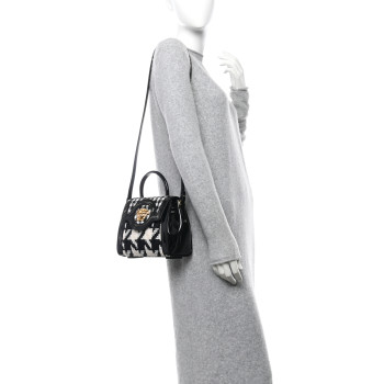 VERSACE Patent Calfskin Tweed Houndstooth Medusa Small Top Handle Handbag Black White