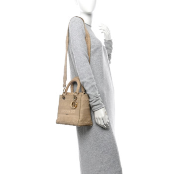 CHRISTIAN DIOR Canvas Embroidered Medium Lady D-Lite Beige
