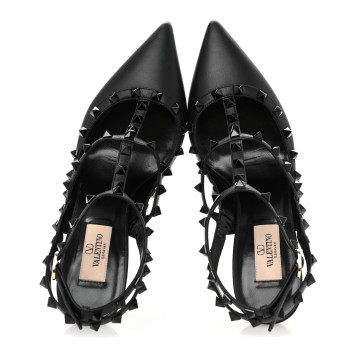 VALENTINO GARAVANI Calfskin Nappa Monochrome Rockstud Ankle Strap 100mm Pumps 40 Black