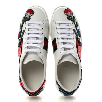 GUCCI Calfskin Web Floral Embroidered Womens Ace Sneakers 37 White