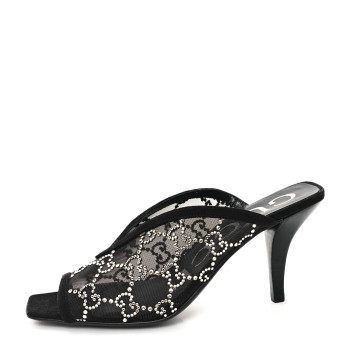 GUCCI Tela Retino Kid Scamosciato Crystal GG Monogram Square G 95mm Slide Sandals 35 Black