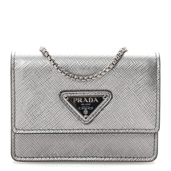 PRADA Metallic Saffiano Triangle Accordion Card Case with Chain Cromo