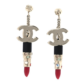 CHANEL Crystal Enamel CC Lipstick Drop Earrings Red Black Gold