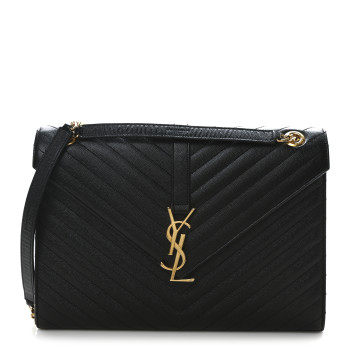 SAINT LAURENT Grain De Poudre Matelasse Chevron Large Monogram Satchel Black