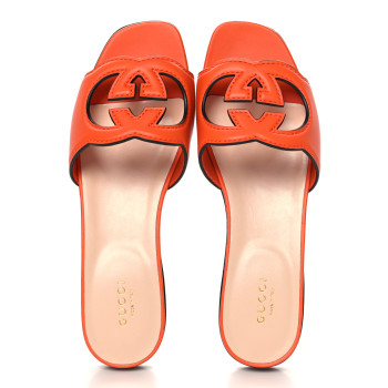 GUCCI Cosmos Softy Calfskin Interlocking G Cut Out Slide Sandals 37.5 Deep Orange