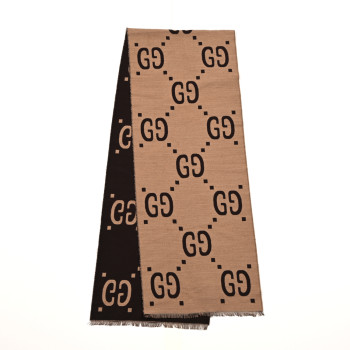 GUCCI Wool Silk Monogram Jumbo GG Freedom Scarf Dark Brown Beige