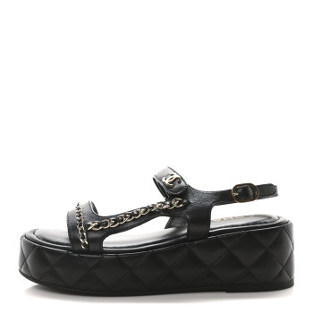 CHANEL Lambskin Quilted Chain CC Platform Sandals 37.5 Black