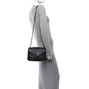 SAINT LAURENT Calfskin Y Quilted Monogram Monochrome Small Loulou Chain Satchel Black