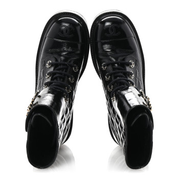 CHANEL Shiny Calfskin Quilted Lace Up Combat Boots 37 Black