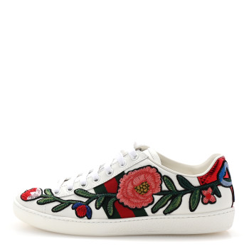GUCCI Calfskin Web Floral Embroidered Womens Ace Sneakers 37 White