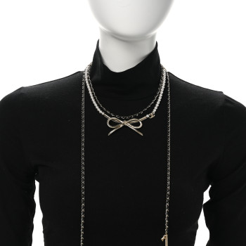 CHANEL Calfskin Pearl Metal CC Bow Necklace Gold White Black