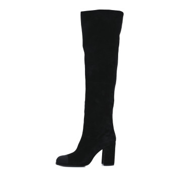 CHANEL Suede Calfskin Grosgrain High Boots 38.5 Black
