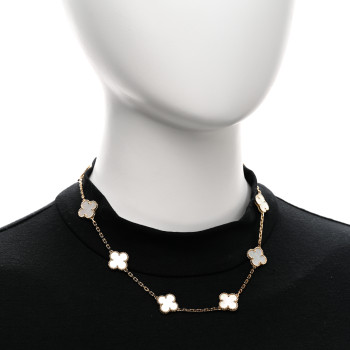 VAN CLEEF & ARPELS 18K Yellow Gold Mother of Pearl 10 Motifs Vintage Alhambra Necklace