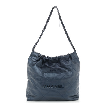 CHANEL Metallic Calfskin Quilted Small Chanel 22 Navy Blue