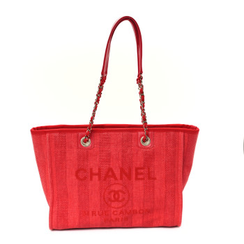 CHANEL Mixed Fibers Striped Small Deauville Tote Red