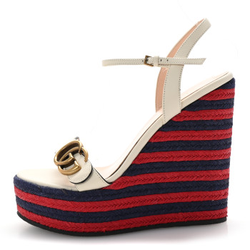GUCCI Lifford Calfskin GG Marmont Platform 35/120mm Espadrille Wedges 37 Mystic White