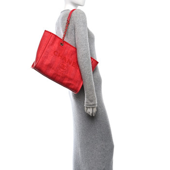 CHANEL Mixed Fibers Striped Small Deauville Tote Red