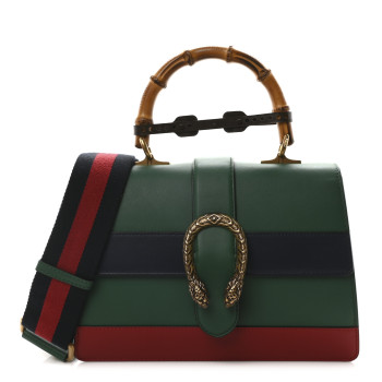 GUCCI Moon Calfskin Web Medium Dionysus Bamboo Top Handle Bag Emerald Blue Hibiscus Red