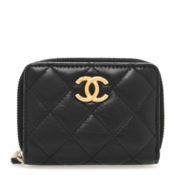 CHANEL Lambskin Quilted Compact Zipped Wallet Black
