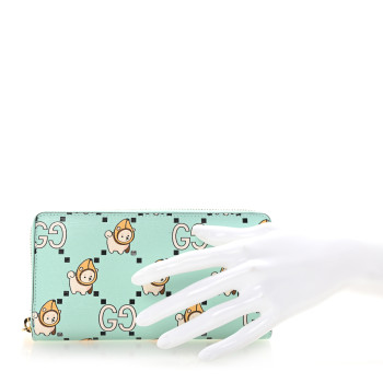 GUCCI X PIKARAR Textured Dollar Calfskin Animal Print Zip Around Wallet Green