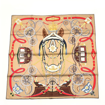 HERMES Silk Stately Wheels Scarf 90 Sable Brun Rouge