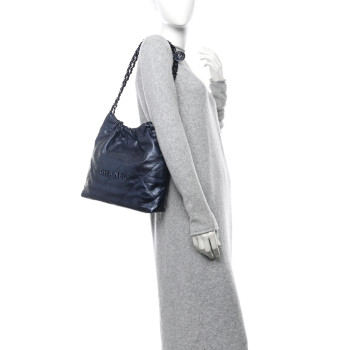 CHANEL Metallic Calfskin Quilted Small Chanel 22 Navy Blue