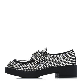PRADA Satin Crystal Metal Triangle Logo 50mm Loafers 37.5 Cristal