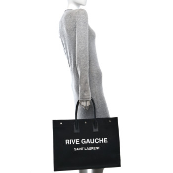 SAINT LAURENT Linen Calfskin Rive Gauche Tote Black