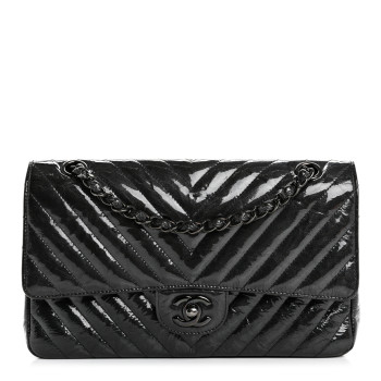 CHANEL Metallic Patent Crumpled Calfskin Chevron Quilted Medium Double Flap So Black